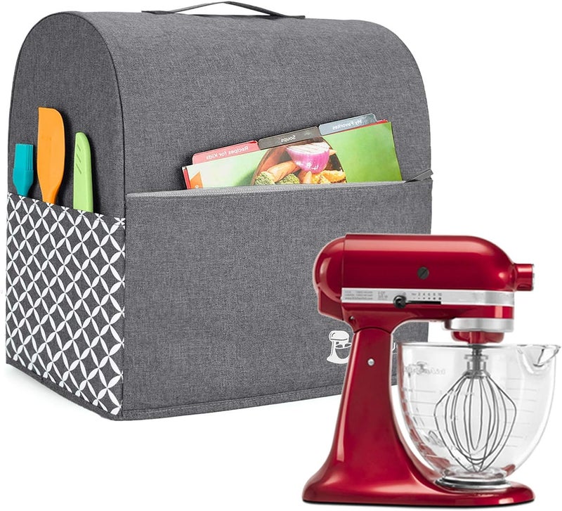 يارو غطاء خلاط متوافق مع خلاط KitchenAid سعة 4.5 كوارت وجميع خلاطات 5 كوارت، غطاء واقٍ من الغبار بمقبض علوي وجيوب للإكسسوارات، رمادي مع شبكة - Image 1