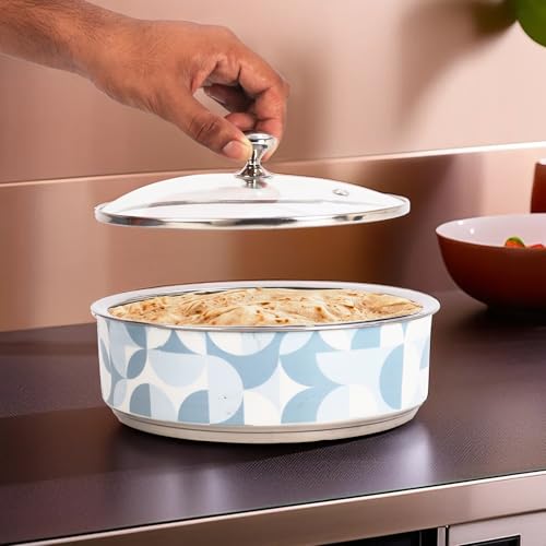 UMAI Double Walled Insulated Serving Casserole (1.5L) | Stainless Steel Hotpot With Transparent Glass Lid & Coaster | Hot Pot For Roti Box | Curry Bowls For Serving | Housewarming Gifts (Print 1) - Image 1