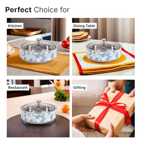 UMAI Double Walled Insulated Serving Casserole (1.5L) | Stainless Steel Hotpot With Transparent Glass Lid & Coaster | Hot Pot For Roti Box | Curry Bowls For Serving | Housewarming Gifts (Print 1) - Image 5