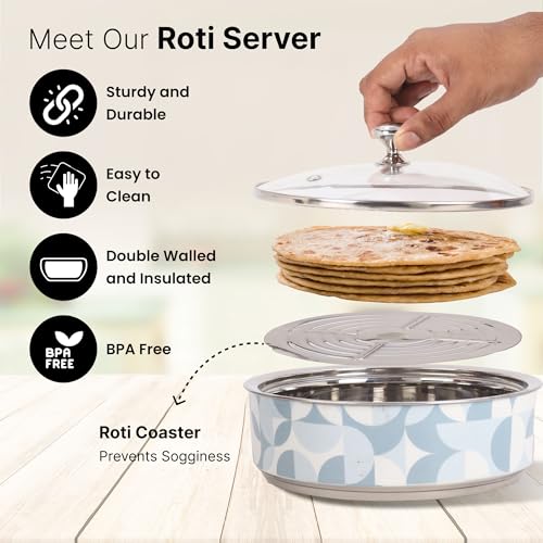 UMAI Double Walled Insulated Serving Casserole (1.5L) | Stainless Steel Hotpot With Transparent Glass Lid & Coaster | Hot Pot For Roti Box | Curry Bowls For Serving | Housewarming Gifts (Print 1) - Image 3