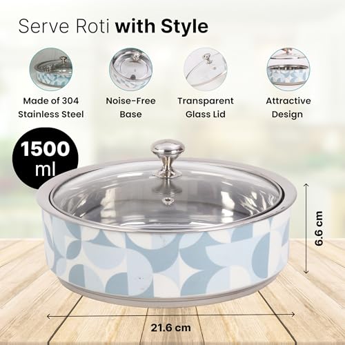 UMAI Double Walled Insulated Serving Casserole (1.5L) | Stainless Steel Hotpot With Transparent Glass Lid & Coaster | Hot Pot For Roti Box | Curry Bowls For Serving | Housewarming Gifts (Print 1) - Image 4