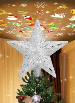 Christmas Tree Topper Lighted LED Rotating  Sharp and Clear Projector 3D Star Tree Topper for Christmas Decoration-6 Design Slides- Silver