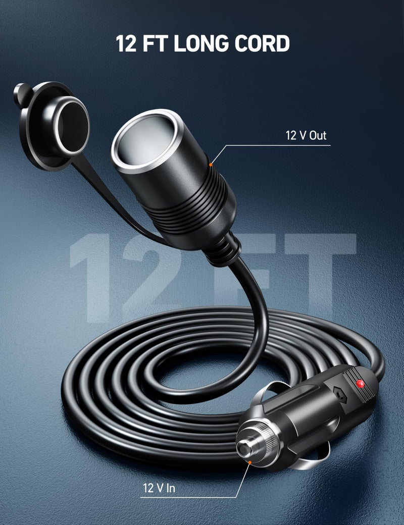 AstroAI 12Ft/12V Cigarette Lighter Extension Cord, Male to Female Socket 120W/15A Heavy Duty Extension Cord, Compatible with Air Compressor Mini Fridge Car Vacuum - Image 4