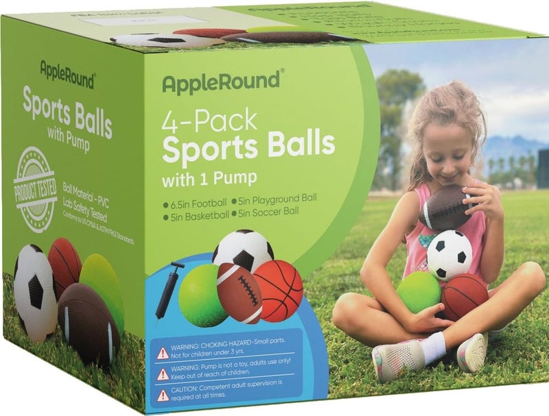 AppleRound طقم كرات رياضية مكون من 4 قطع للأطفال مع مضخة – كرة قدم 5 بوصات، كرة سلة، كرة ملعب و كرة قدم 6.5 بوصات – كرات صغيرة ناعمة للعب في الداخل/الخارج (الأعمار من 2-7) - Image 2