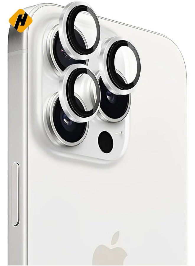 Camera Lens Protector for iPhone 15 Pro and 15 Pro Max Tempered Glass Aluminum Ring Cover, HD Clear, iPhone Camera Design Matching, Anti-Reflection, Anti-Scratch, Full Set (White Titanium)