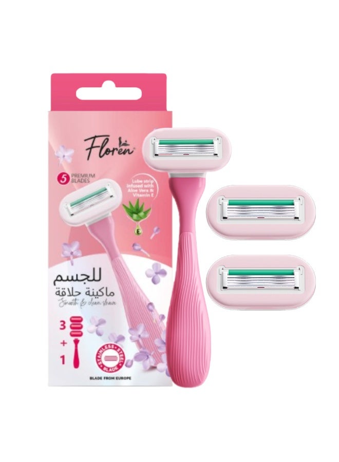 Floren Floren Body Razor | 3 cartridges + 1 handle (5 blades) | Eurpoean Blades | Body hair removal, Aloe Vera Strip, Super Smooth Razor, Hair Removal from hands, legs, Bikini and arms  - Image 1