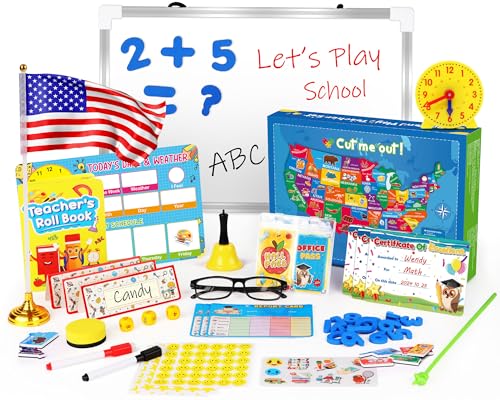 UOMTFAI Pretend Play Teacher Set Kids Pretend Teacher Playset with Whiteboard Learning Clock Magnetic Numbers and Map Puzzles Pretend Play Teaching Toys Learning Education Toys for Kids - Image 1