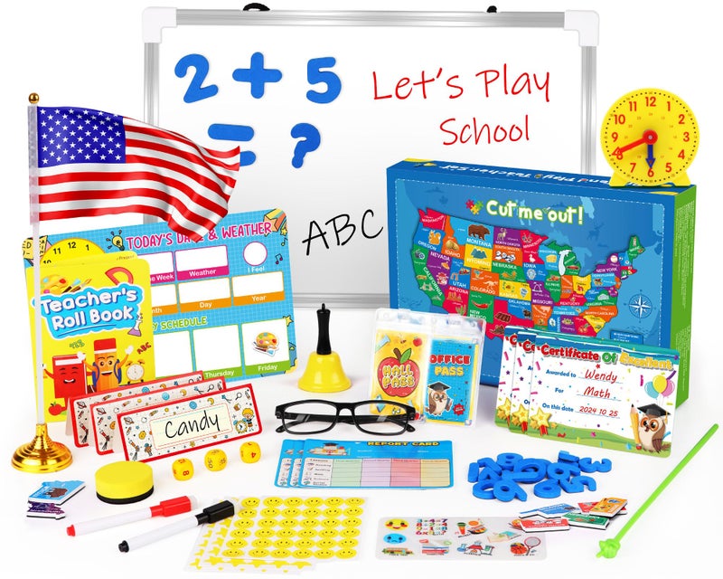 UOMTFAI Pretend Play Teacher Set Kids Pretend Teacher Playset with Whiteboard Learning Clock Magnetic Numbers and Map Puzzles Pretend Play Teaching Toys Learning Education Toys for Kids - Image 3