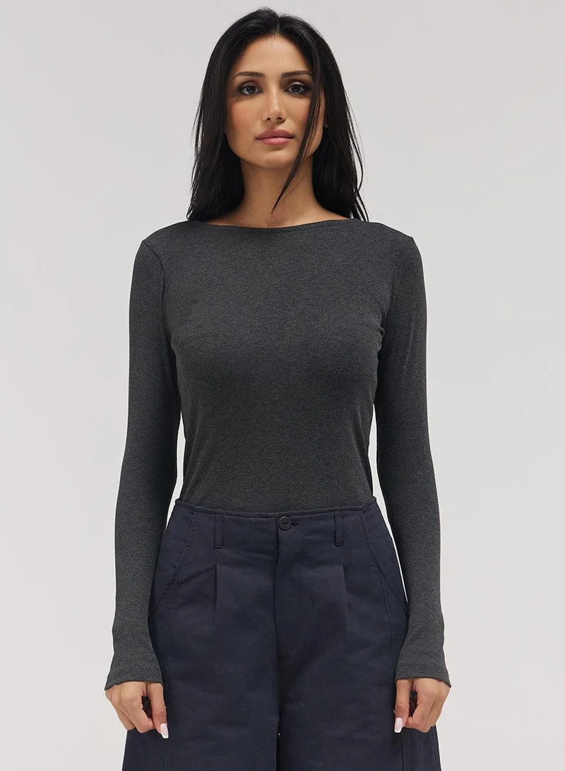 Zigzag  Rib Long Sleeve Top - Dark Grey for Women | Best Price UAE