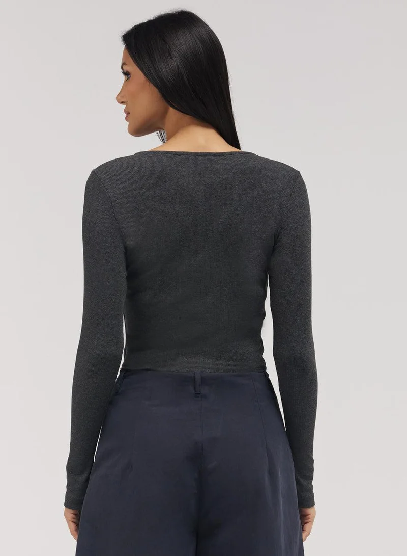 Zigzag  Rib Long Sleeve Top - Dark Grey for Women | Best Price UAE