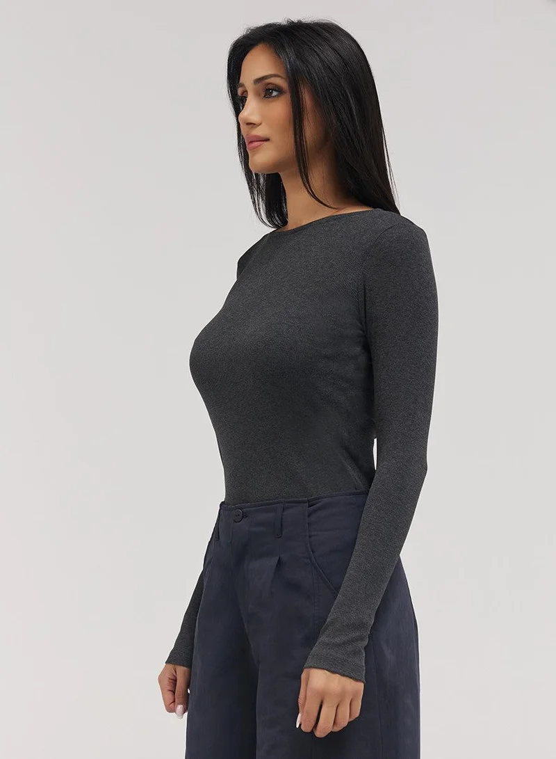Zigzag  Rib Long Sleeve Top - Dark Grey for Women | Best Price UAE