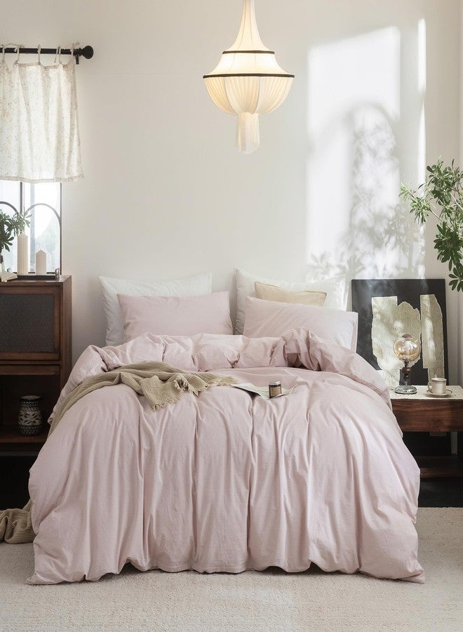 FOSSA Duvet Cover Set 100% Washed Cotton Linen Feel Super Soft Breathable Cozy 3 Pieces Bedding Sets Solid Greyish Pink Queen - Image 1