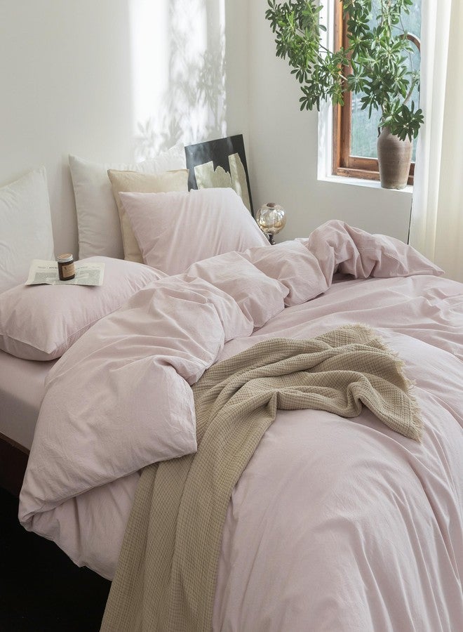 FOSSA Duvet Cover Set 100% Washed Cotton Linen Feel Super Soft Breathable Cozy 3 Pieces Bedding Sets Solid Greyish Pink Queen - Image 2
