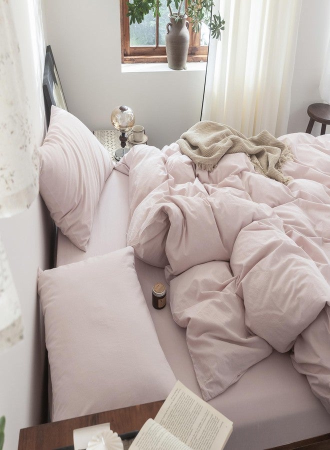 FOSSA Duvet Cover Set 100% Washed Cotton Linen Feel Super Soft Breathable Cozy 3 Pieces Bedding Sets Solid Greyish Pink Queen - Image 3