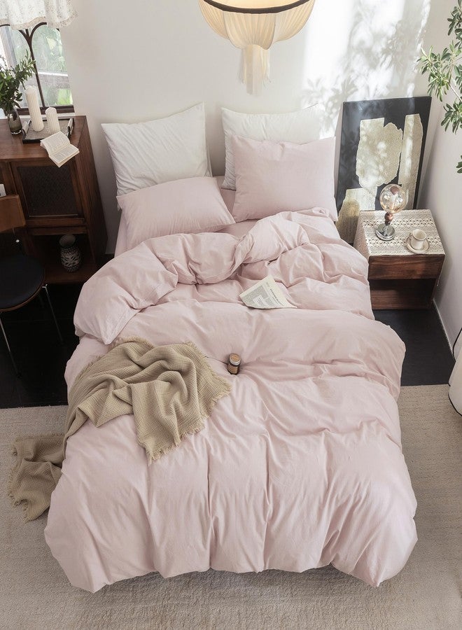 FOSSA Duvet Cover Set 100% Washed Cotton Linen Feel Super Soft Breathable Cozy 3 Pieces Bedding Sets Solid Greyish Pink Queen - Image 5