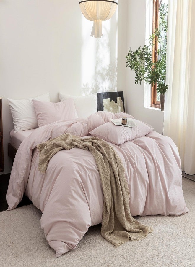 FOSSA Duvet Cover Set 100% Washed Cotton Linen Feel Super Soft Breathable Cozy 3 Pieces Bedding Sets Solid Greyish Pink Queen - Image 4