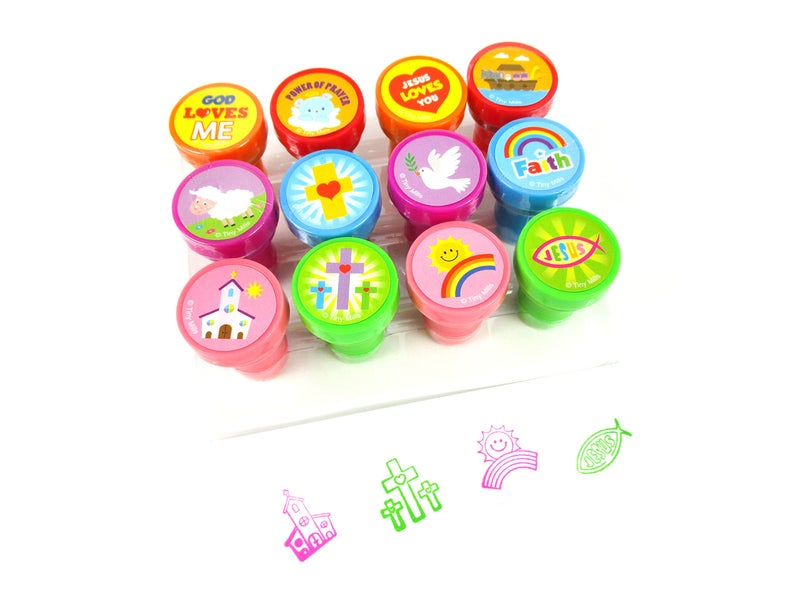 TINYMILLS TINYMILLS 12 Pcs Religious Stamp Kit for Kids  Religious Christian Self Inking Stamps Gift VBS Sunday School Rewards