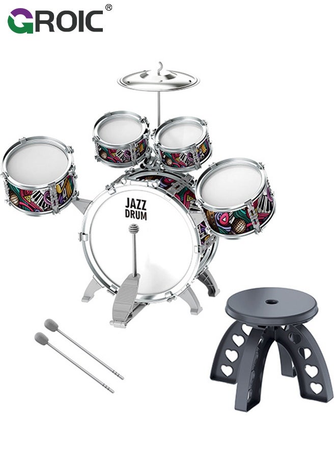 GROIC Junior Musical Jazz Drum Set, GROIC Percussion Instrument for Beginners Music Practice, Kids Drum Sets 5 Drums with Cymbal, Drumsticks & Stool, Musical Educational Gift for Boys Girls Age 3+  - Image 1
