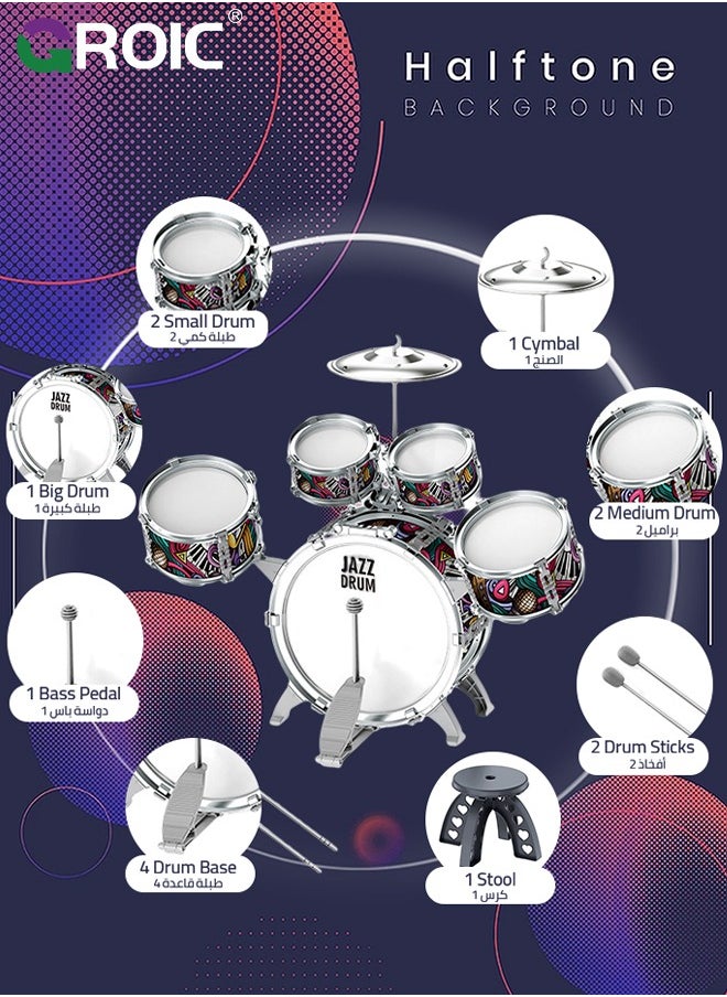 GROIC Junior Musical Jazz Drum Set, GROIC Percussion Instrument for Beginners Music Practice, Kids Drum Sets 5 Drums with Cymbal, Drumsticks & Stool, Musical Educational Gift for Boys Girls Age 3+  - Image 2
