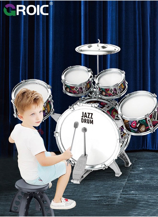 GROIC Junior Musical Jazz Drum Set, GROIC Percussion Instrument for Beginners Music Practice, Kids Drum Sets 5 Drums with Cymbal, Drumsticks & Stool, Musical Educational Gift for Boys Girls Age 3+  - Image 5