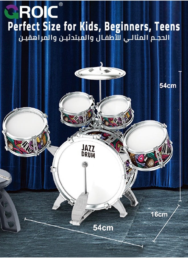 GROIC Junior Musical Jazz Drum Set, GROIC Percussion Instrument for Beginners Music Practice, Kids Drum Sets 5 Drums with Cymbal, Drumsticks & Stool, Musical Educational Gift for Boys Girls Age 3+  - Image 4