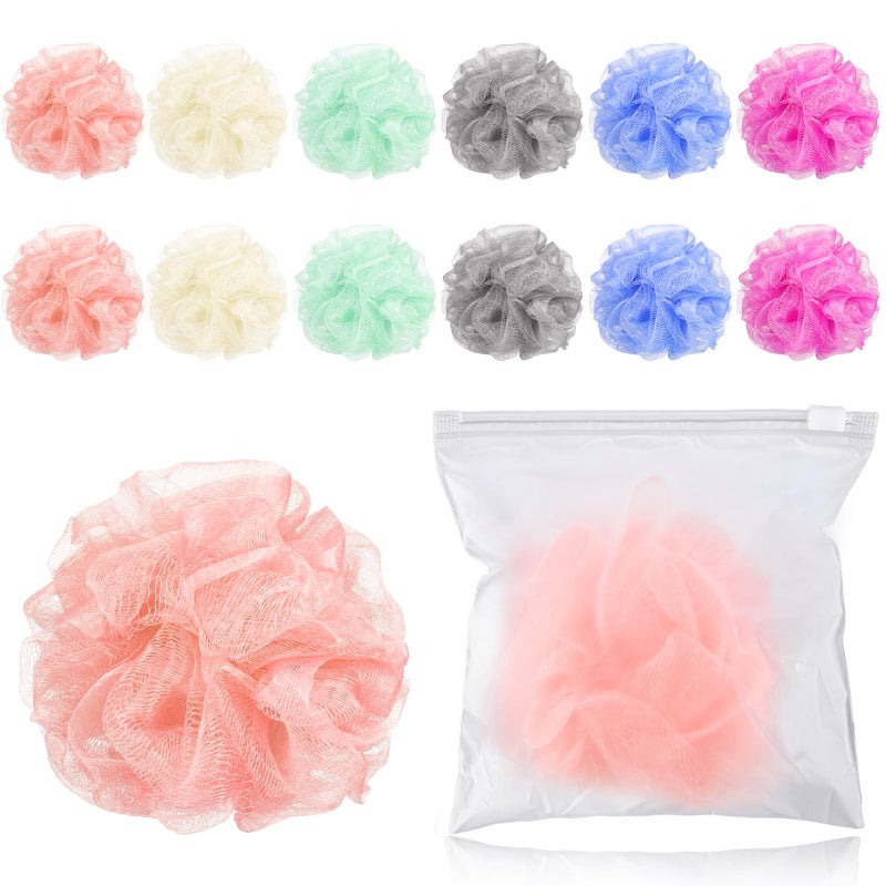 Funnymoom 12 Pcs Travel Size Loofah Individually Wrapped Small Shower Puff Bath Sponge Pouf Ball Bulk Mesh Bath Puff Mini Loofah Sponge with Case Bulk for Shower CareColorful