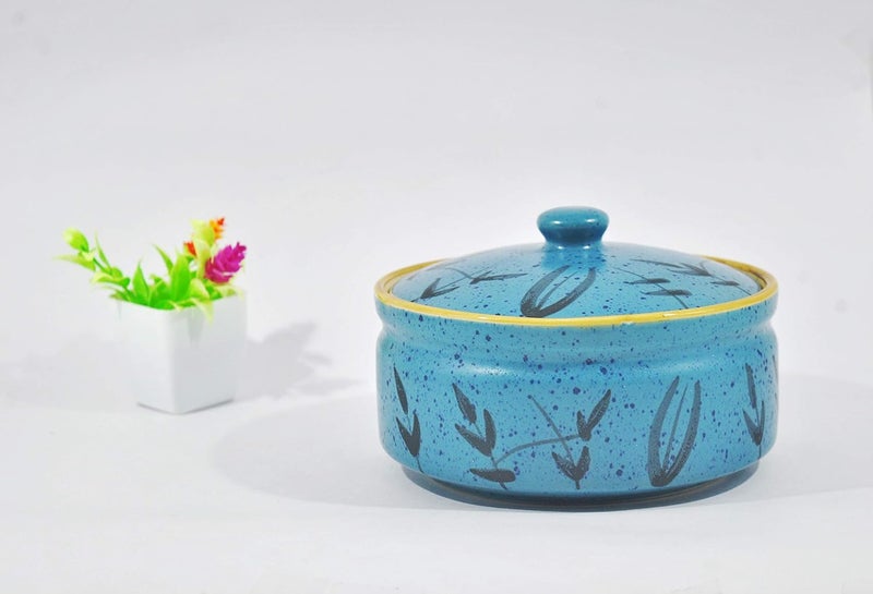 Caffeine Ceramic Handmade Golden Turquoise Serving Donga with lid Set of 1 - Image 2