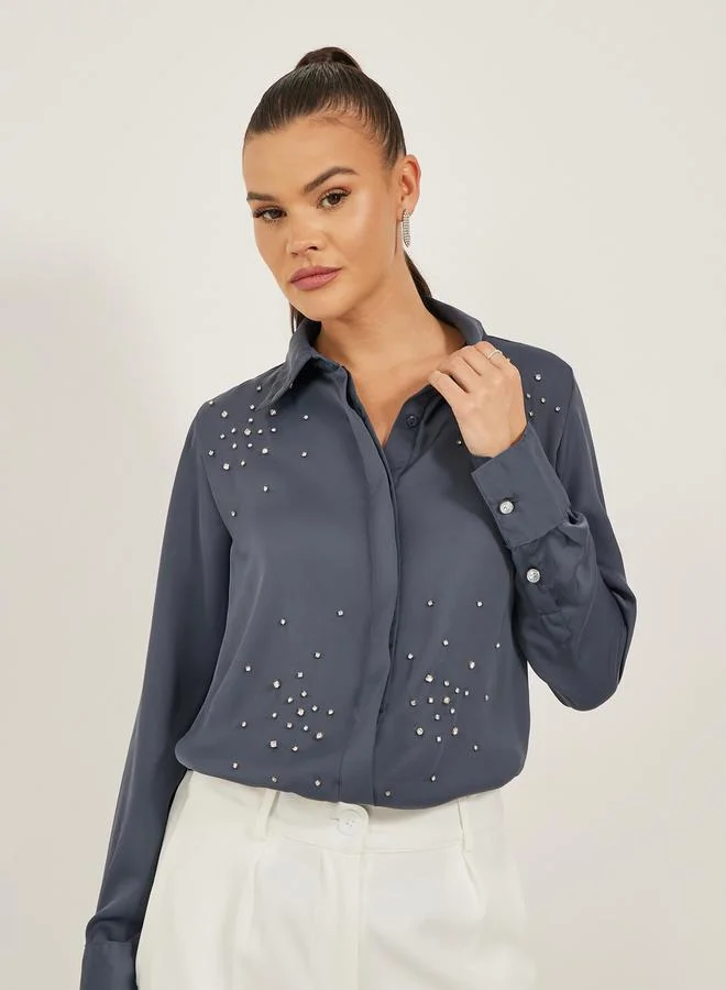 Styli Embellished Spread Collar Regular Fit Shirt