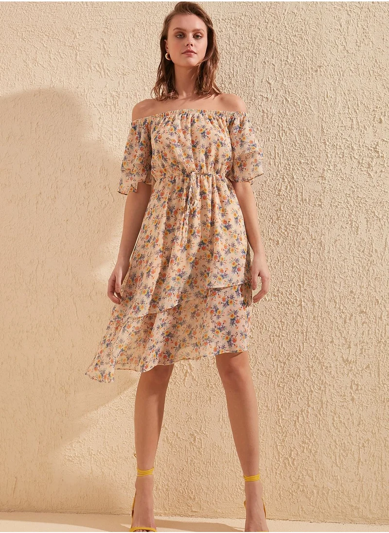 trendyol Bardot Printed Asymmetric Dress