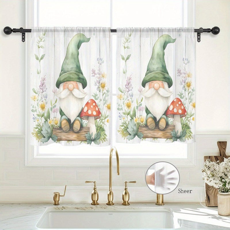 2pcs Semi Transparent Sheer Curtains with Cartoon Gnomes Mushrooms Flowers Design for Short Rods Window Living Room Kitchen Bathroom Cafe Home Decor W24.8xH45in - Image 1