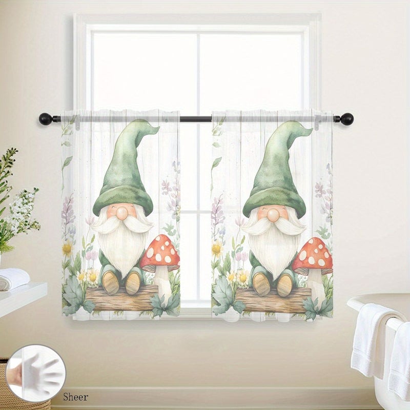 2pcs Semi Transparent Sheer Curtains with Cartoon Gnomes Mushrooms Flowers Design for Short Rods Window Living Room Kitchen Bathroom Cafe Home Decor W24.8xH45in - Image 2