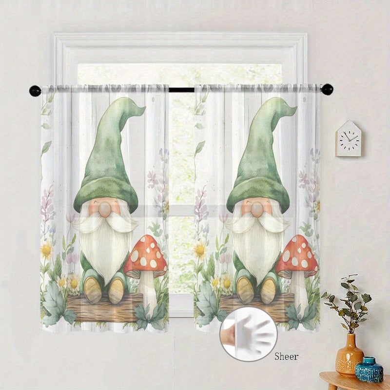 2pcs Semi Transparent Sheer Curtains with Cartoon Gnomes Mushrooms Flowers Design for Short Rods Window Living Room Kitchen Bathroom Cafe Home Decor W24.8xH45in - Image 4