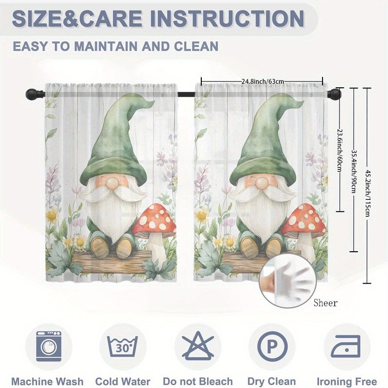 2pcs Semi Transparent Sheer Curtains with Cartoon Gnomes Mushrooms Flowers Design for Short Rods Window Living Room Kitchen Bathroom Cafe Home Decor W24.8xH45in - Image 3