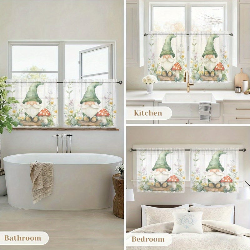 2pcs Semi Transparent Sheer Curtains with Cartoon Gnomes Mushrooms Flowers Design for Short Rods Window Living Room Kitchen Bathroom Cafe Home Decor W24.8xH45in - Image 5