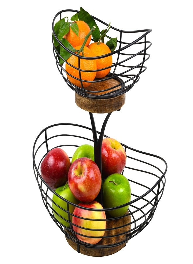 Tribello Modern Farmhouse 2 Tier Fruit Basket for Kitchen Counter, Vintage Wire and Wooden Base Fruit Bowl / Stand for Kitchen countertop Decor - Double Tree Fruit & Vegetables Basket - Image 1