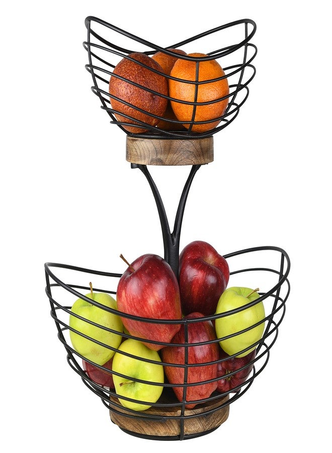 Tribello Modern Farmhouse 2 Tier Fruit Basket for Kitchen Counter, Vintage Wire and Wooden Base Fruit Bowl / Stand for Kitchen countertop Decor - Double Tree Fruit & Vegetables Basket - Image 5