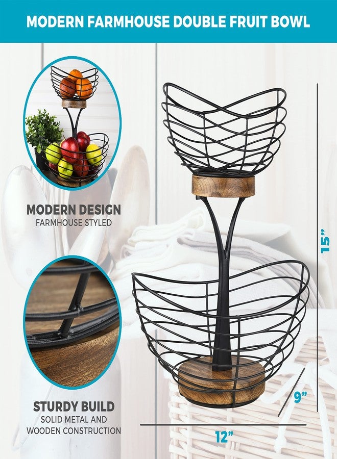 Tribello Modern Farmhouse 2 Tier Fruit Basket for Kitchen Counter, Vintage Wire and Wooden Base Fruit Bowl / Stand for Kitchen countertop Decor - Double Tree Fruit & Vegetables Basket - Image 4