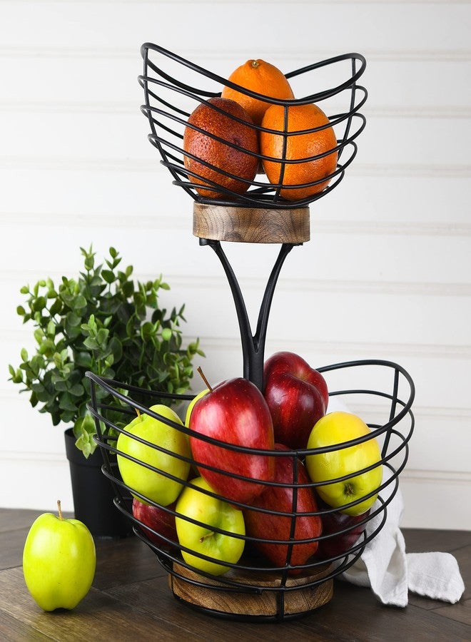 Tribello Modern Farmhouse 2 Tier Fruit Basket for Kitchen Counter, Vintage Wire and Wooden Base Fruit Bowl / Stand for Kitchen countertop Decor - Double Tree Fruit & Vegetables Basket - Image 3