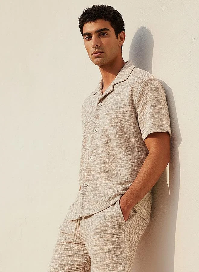 Splash FAV Men Camp Collar Jacquard Short Sleeve Shirt