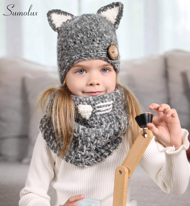 Sumolux Winter Kids Cat Hat Toddler Boys Girls Hat Halloween Animal Knitted Coif Hood Scarf Beanies for Autumn Winter - Image 2