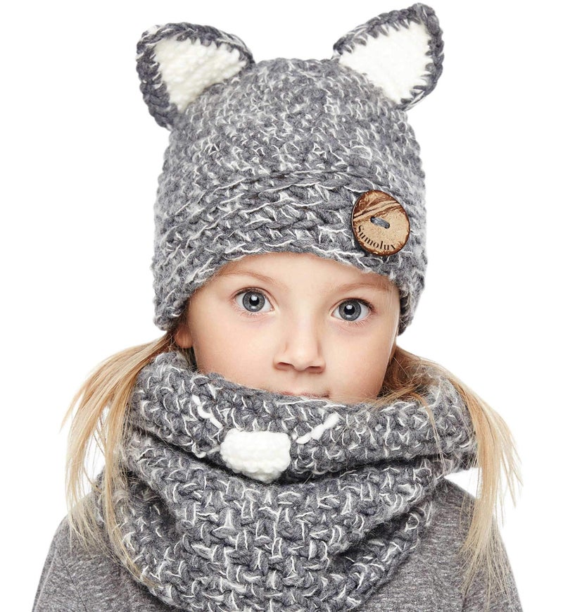 Sumolux Winter Kids Cat Hat Toddler Boys Girls Hat Halloween Animal Knitted Coif Hood Scarf Beanies for Autumn Winter - Image 1