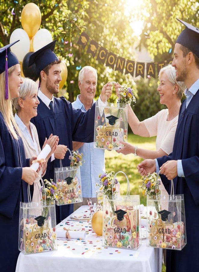أكياس هدايا تخرج قابلة لإعادة الاستخدام من مادة PVC شفافة متعددة الألوان مزينة بنقوش زهور، مزودة بمقابض، من Resholder، 24 قطعة، مناسبة لطلاب المدارس الثانوية والجامعات وحفلات التخرج، مقاس 8×8×3.15 بوصة. - Image 5