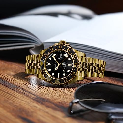 PAGRNE DESIGN ساعة رجال باجاني ديزاين GMT للرجال أوتوماتيكية 40MM تاريخ 100M مقاومة للماء من الفولاذ المقاوم للصدأ زجاج ياقوتي ميكانيكية ساعة معصم PD-1662 (5 ذهبية بالكامل) - Image 4