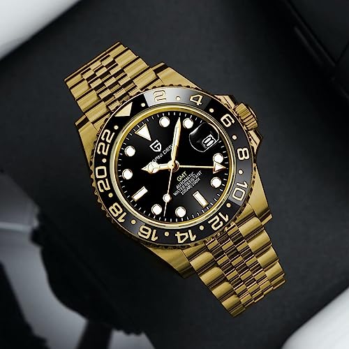 PAGRNE DESIGN ساعة رجال باجاني ديزاين GMT للرجال أوتوماتيكية 40MM تاريخ 100M مقاومة للماء من الفولاذ المقاوم للصدأ زجاج ياقوتي ميكانيكية ساعة معصم PD-1662 (5 ذهبية بالكامل) - Image 3