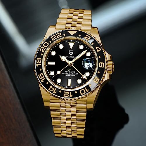 PAGRNE DESIGN ساعة رجال باجاني ديزاين GMT للرجال أوتوماتيكية 40MM تاريخ 100M مقاومة للماء من الفولاذ المقاوم للصدأ زجاج ياقوتي ميكانيكية ساعة معصم PD-1662 (5 ذهبية بالكامل) - Image 5