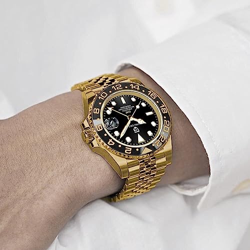 PAGRNE DESIGN ساعة رجال باجاني ديزاين GMT للرجال أوتوماتيكية 40MM تاريخ 100M مقاومة للماء من الفولاذ المقاوم للصدأ زجاج ياقوتي ميكانيكية ساعة معصم PD-1662 (5 ذهبية بالكامل) - Image 2