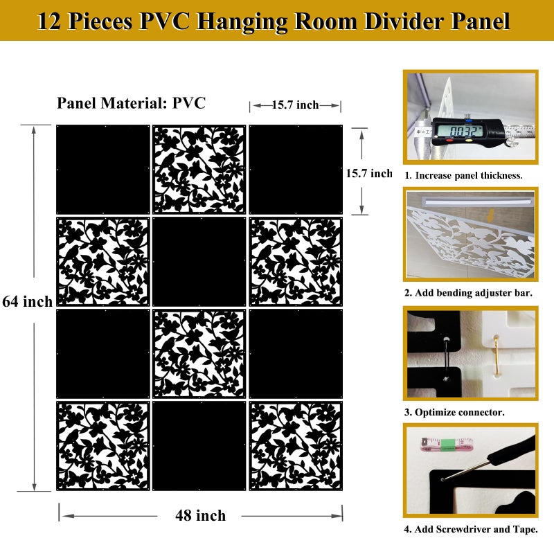 Lchen Hanging Wall Divider,12pcs PVC Room Partition Screen Panel with Butterfly Flower Bird for Home,Office,Hotel,Bar Decoration(black02) - Image 2
