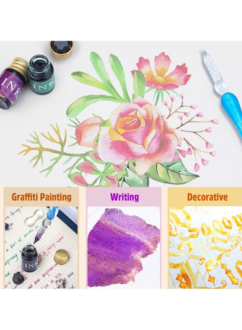 Generic Glass Dip Pen and Ink Set - Includes 2 Crystal Calligraphy Pens, 12 Gold Inks, Pen Holder & Cleansing Cup - Perfect Gift for Beginners in Art, Drawing, Writing, Signatures, and Cards.  - Image 2