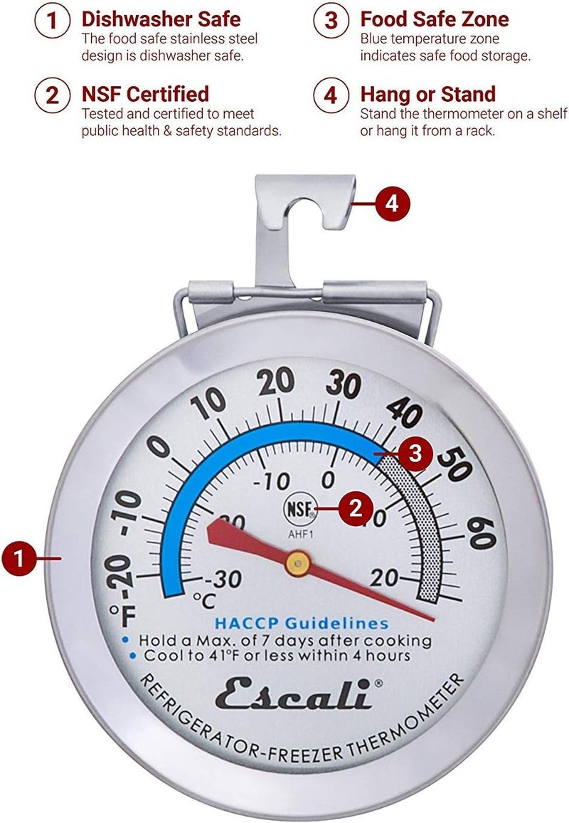Escali AHF1 Stainless Steel Large Dial Refrigerator Freezer Thermometer for Hanging or Standing on a Fridge or Freezer HACCP Zones NSF Certified - Image 3