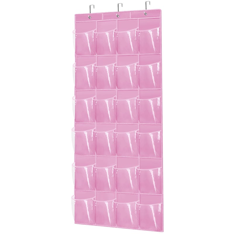 Over The Door Shoe Organizer  Space Saving Shoe Rack for Closet Door with 24 Pockets and Hook Shoe Holder Back of Door Organizers for Shoes Hanging Shoe Organizer Pink